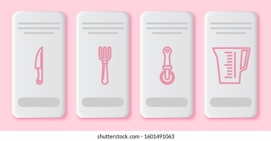 Set line Knife , Fork , Pizza knife  and Measuring cup. White rectangle button. Vector