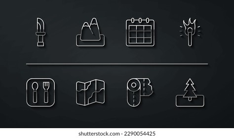 Set line Knife, Fork and spoon, Torch flame, Paper towel roll, Camping hiking map, Mountains, Tree and Calendar icon. Vector