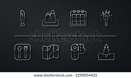 Set line Knife, Fork and spoon, Torch flame, Paper towel roll, Camping hiking map, Mountains, Tree and Calendar icon. Vector