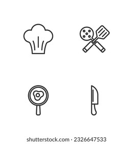 Set line Knife, Fried eggs on frying pan, Chef hat and Spatula icon. Vector