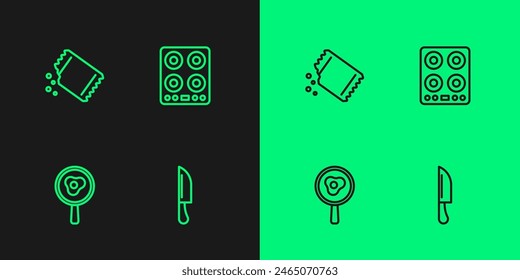 Set line Knife, Fried eggs on frying pan, Packet of pepper and Gas stove icon. Vector