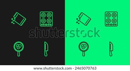 Set line Knife, Fried eggs on frying pan, Packet of pepper and Gas stove icon. Vector
