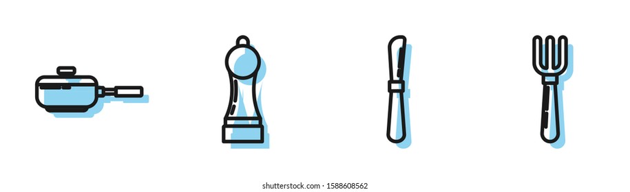 Set line Knife , Frying pan , Pepper  and Fork  icon. Vector