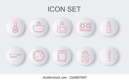 Cuchillo de línea, sartén de fritura, botella de Sauce, Grater, cuchillo de pizza, jugo de cítricos, tabla de corte e icono. Vector