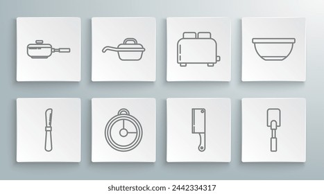 Set line Knife, Frying pan, Kitchen timer, Meat chopper, Spatula, Toaster with toasts, Bowl and  icon. Vector