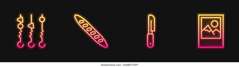 Set line Knife, Grilled shish kebab on skewer, French baguette bread and Photo frame. Glowing neon icon. Vector