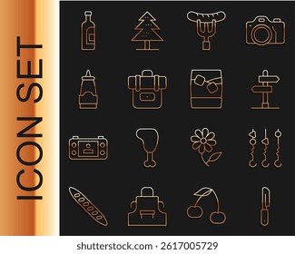 Set line Knife, Grilled shish kebab on skewer, Road traffic sign, Sausage the fork, Hiking backpack, Sauce bottle, Bottle of wine and Glass whiskey with ice icon. Vector