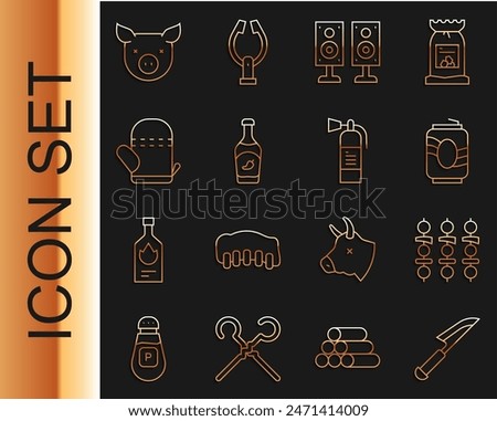 Set line Knife, Grilled shish kebab, Soda can, Stereo speaker, Ketchup bottle, Oven glove, Pig and Fire extinguisher icon. Vector