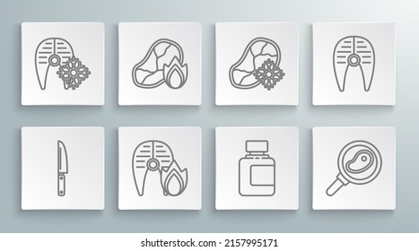 Set line Knife, Grilled steak meat and fire flame, fish, Sauce bottle, Steak in frying pan, Fresh frozen, Fish and  icon. Vector