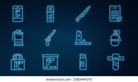 Fijar la línea de la funda de Knife, la granada de mano, el cuchillo militar, la pistola Revolver, el humo, Comprar armas en la aplicación móvil, las balas de la revista Gun y el icono del spray Pepper. Vector