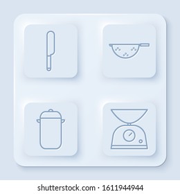 Set line Knife, Kitchen colander, Cooking pot and Scales. White square button. Vector