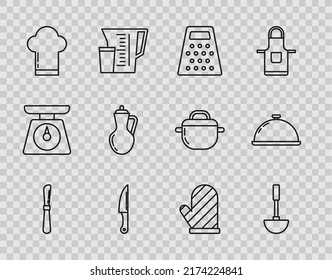 Set line Knife, Kitchen ladle, Grater, Chef hat, Bottle of olive oil, Oven glove and Covered with tray food icon. Vector