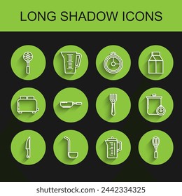 Set line Knife, Kitchen ladle, Spatula, Teapot, whisk, Frying pan, Cooking and kitchen timer and Fork icon. Vector