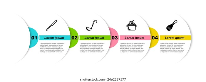 Set line Knife, Kitchen ladle, Cooking pot and whisk. Business infographic template. Vector
