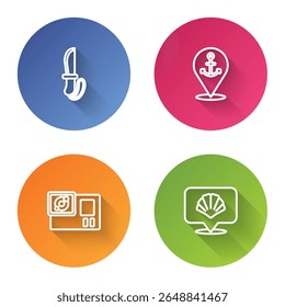 Set line Knife, Location with anchor, Action camera and Scallop sea shell. Color circle button. Vector