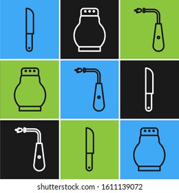 Set line Knife, Long electric lighter and Salt and pepper icon. Vector