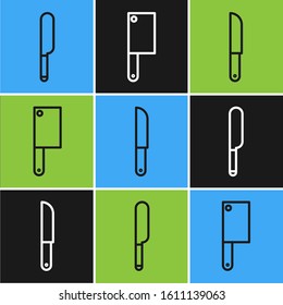 Set line Knife, Knife and Meat chopper icon. Vector