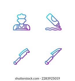 Set line Knife, Meat chopper, Cook and Ketchup bottle. Gradient color icons. Vector