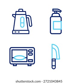 Set Linie Messer, Mikrowellenofen, Antibakterielle Seife und Wasserkocher Symbol. Vektorgrafik