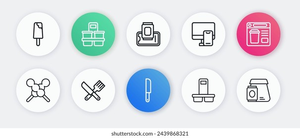 Set line Knife, Online ordering food, Meatballs on wooden stick, Coffee cup to go, Food mobile,  and Crossed knife and fork icon. Vector