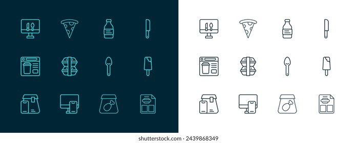 Cuchillo de línea, pedido en línea de alimentos, cuchara, comida, caja de almuerzo, botella de agua, y rebanar icono de pizza. Vector