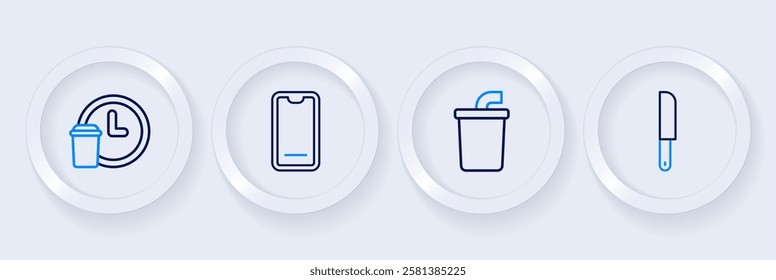 Set line Knife, Paper glass with water, Food ordering on mobile and Round the clock delivery icon. Vector