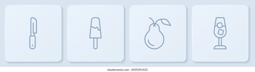 Set line Knife, Pear, Ice cream and Wine glass. White square button. Vector
