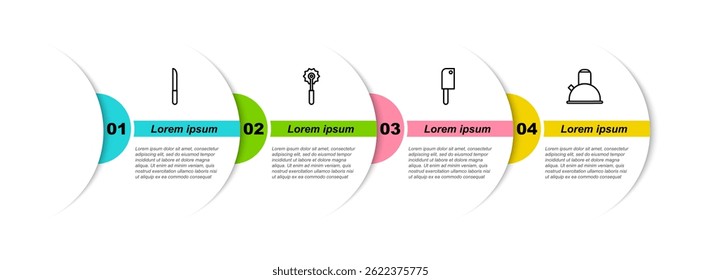 Set line Knife, Pizza knife, Meat chopper and Kettle with handle. Business infographic template. Vector