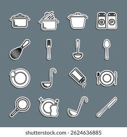 Set line Knife, Plate, fork and knife, Spoon, Cooking pot, Fork, Kitchen whisk,  and ladle icon. Vector
