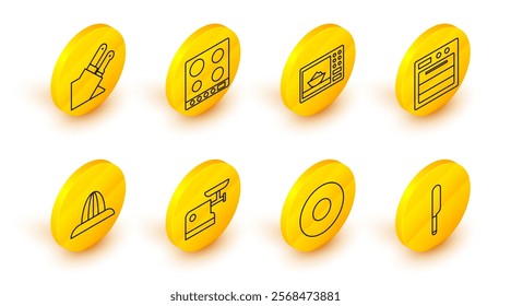 Set line Knife, Plate, Kitchen meat grinder, Citrus fruit juicer, Oven, Microwave oven, Gas stove and  icon. Vector