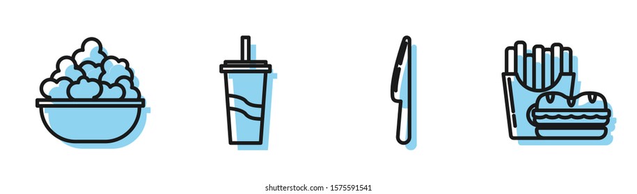 Set line Knife, Popcorn in bowl, Paper glass with drinking straw and water and Burger and french fries in carton package box icon. Vector