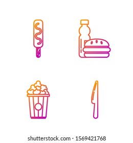 Set line Knife, Popcorn in cardboard box, Ice cream and Bottle of water and burger. Gradient color icons. Vector