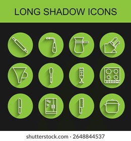 Set line Knife, Refrigerator, Rolling pin, Bread knife, Cooking pot, Spoon, Gas stove and Blender icon. Vector