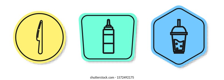 Set line Knife, Sauce bottle and Glass of lemonade with drinking straw. Colored shapes. Vector