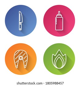 Set line Knife, Sauce bottle, Fish steak and Fire flame. Color circle button. Vector