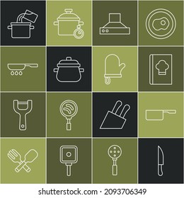 Set line Knife, Saucepan, Cookbook, Kitchen extractor fan, Cooking pot, Frying,  and Oven glove icon. Vector