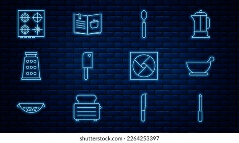 Fijar la línea Afilador de Cuchillas, Mortero y almirez, Cuchara, Cuchara de carne, Grater, Gasolina, Ventilación y Icono de Cookbook. Vector