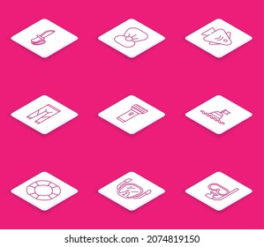 Set line Knife, Shell with pearl, Fish, Wetsuit, Flashlight, Floating buoy on the sea, Lifebuoy and Diving mask icon. Vector