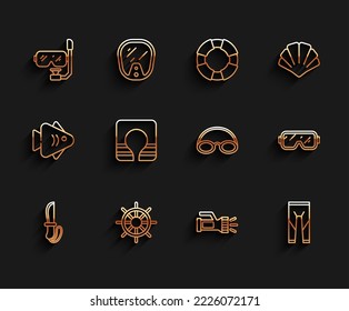 Fijar el Cuchillo de línea, el volante de dirección del buque, la máscara de buceo y el tubo, la linterna, el traje húmedo, la chaqueta de la vida y el icono de la tapa de los lentes. Vector