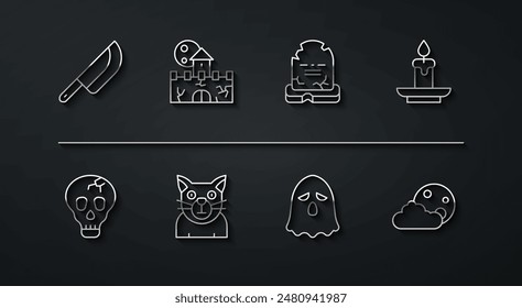 Set line Knife, Skull, Burning candle, Ghost, Cat, Castle, fortress, Moon stars and Tombstone with RIP written icon. Vector