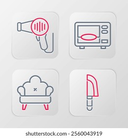 Set line Knife, Sofa, Microwave oven and Hair dryer icon. Vector