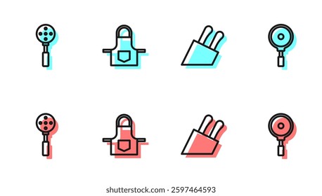 Set line Knife, Spatula, Kitchen apron and Frying pan icon. Vector
