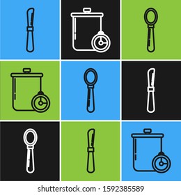 Set line Knife , Spoon  and Cooking pot and kitchen timer  icon. Vector