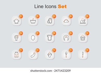 Set line Knife, Spoon, Corn, Eggplant, Jam jar, Popcorn in cardboard box, Fish steak and Bread toast icon. Vector