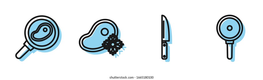 Fije la línea Knife, carne de filete en sartén, Carne de filete ultracongelada y icono de sartén. Vector