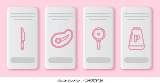 Set line Knife, Steak meat, Frying pan and Pepper. White rectangle button. Vector