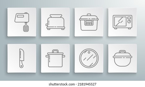 Set line Knife, Toaster, Cooking pot, Cutting board, Slow cooker, Microwave oven and Electric mixer icon. Vector