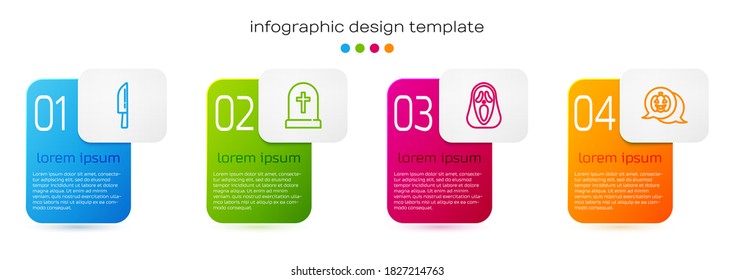 Set line Knife, Tombstone with cross, Funny and scary ghost mask and Pumpkin. Business infographic template. Vector