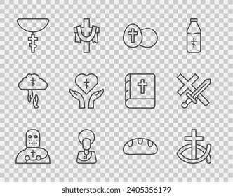 Set line Knight crusader, Christian fish, Easter egg, Jesus, cross on chain, Religious heart, Bread loaf and Crusade icon. Vector