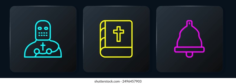 Set line Knight crusader, Church bell and Holy bible book. Black square button. Vector